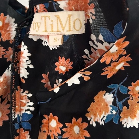 byTiMo Poppyfield Black Orange Micro Floral Mini Puff Sleeve V neck Dress small - Picture 6 of 7